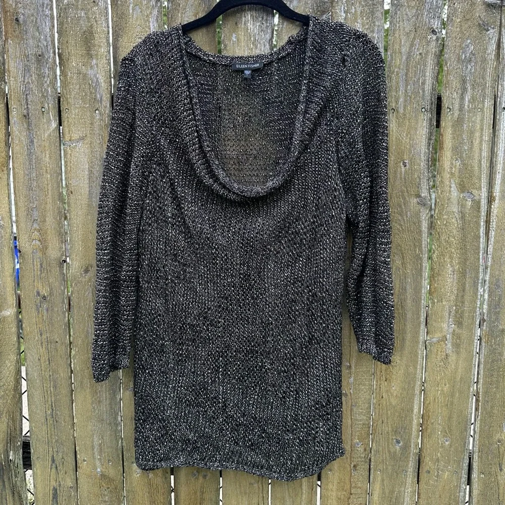 Eileen Fisher Italian Yarn Linen Blend Charcoal Cowl Neck Sweater size L - Picture 5 of 11
